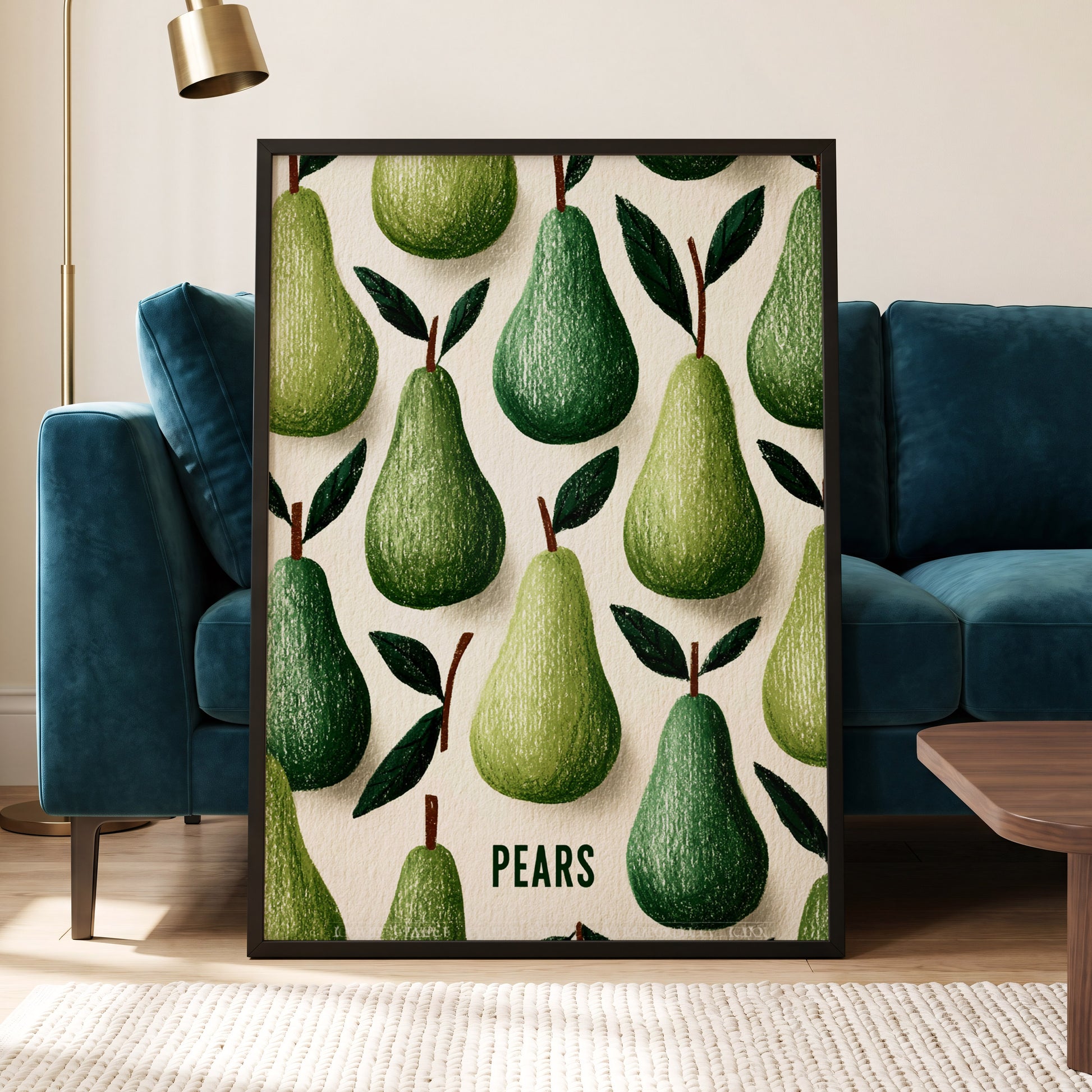 Orchard Pear Parade, green, beige, brown nature wall art displayed in a styled interior, gallery view 6