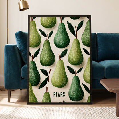 Orchard Pear Parade, green, beige, brown nature wall art displayed in a styled interior, gallery view 6