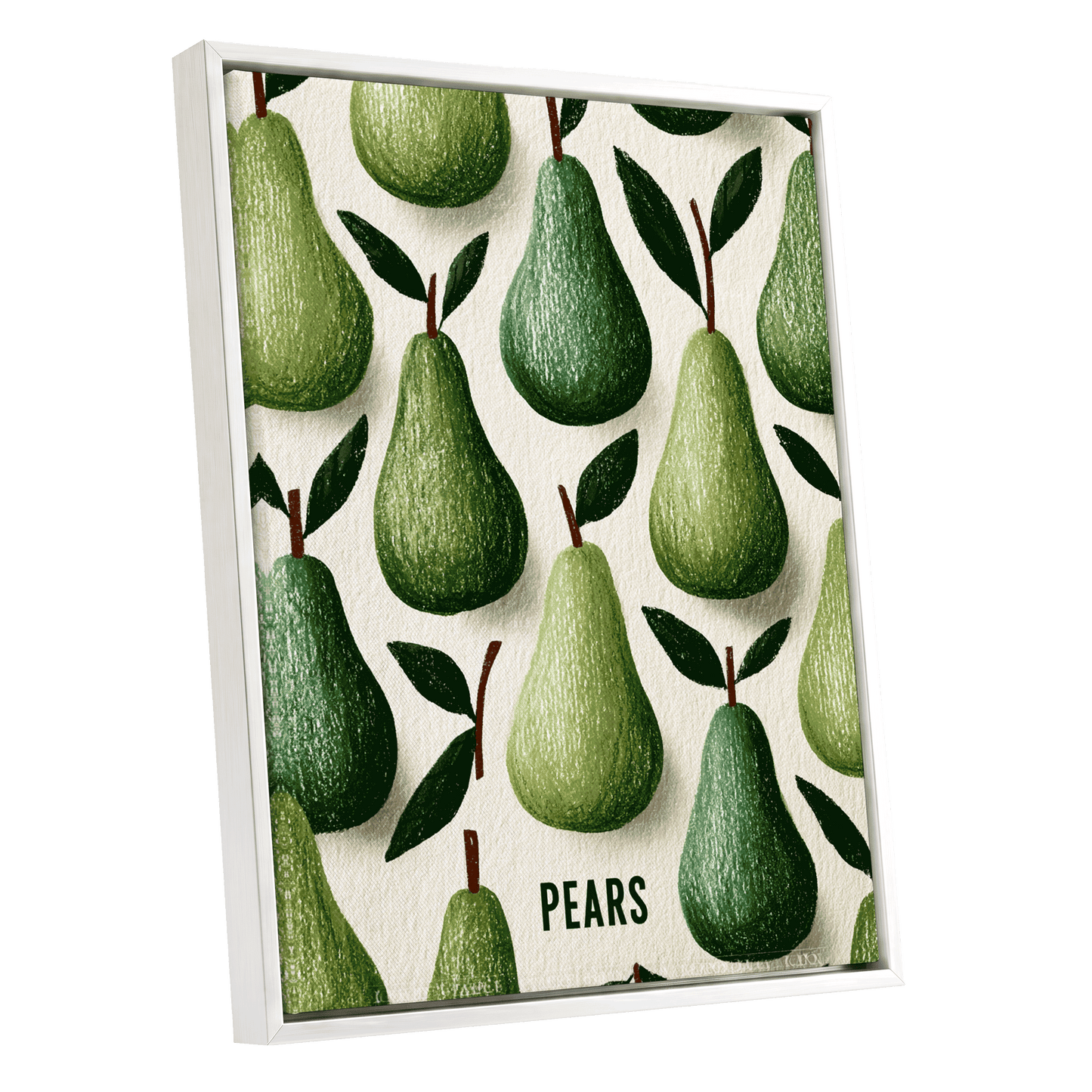 Orchard Pear Parade, green, beige, brown nature wall art shown as a white framed canvas wall art