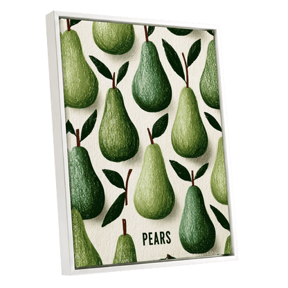 Orchard Pear Parade, green, beige, brown nature wall art shown as a white framed canvas wall art