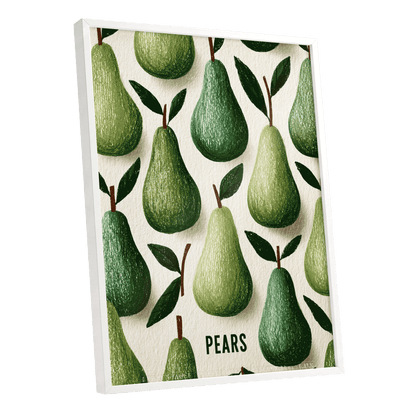 Orchard Pear Parade, green, beige, brown nature wall art shown as a white framed poster wall art print