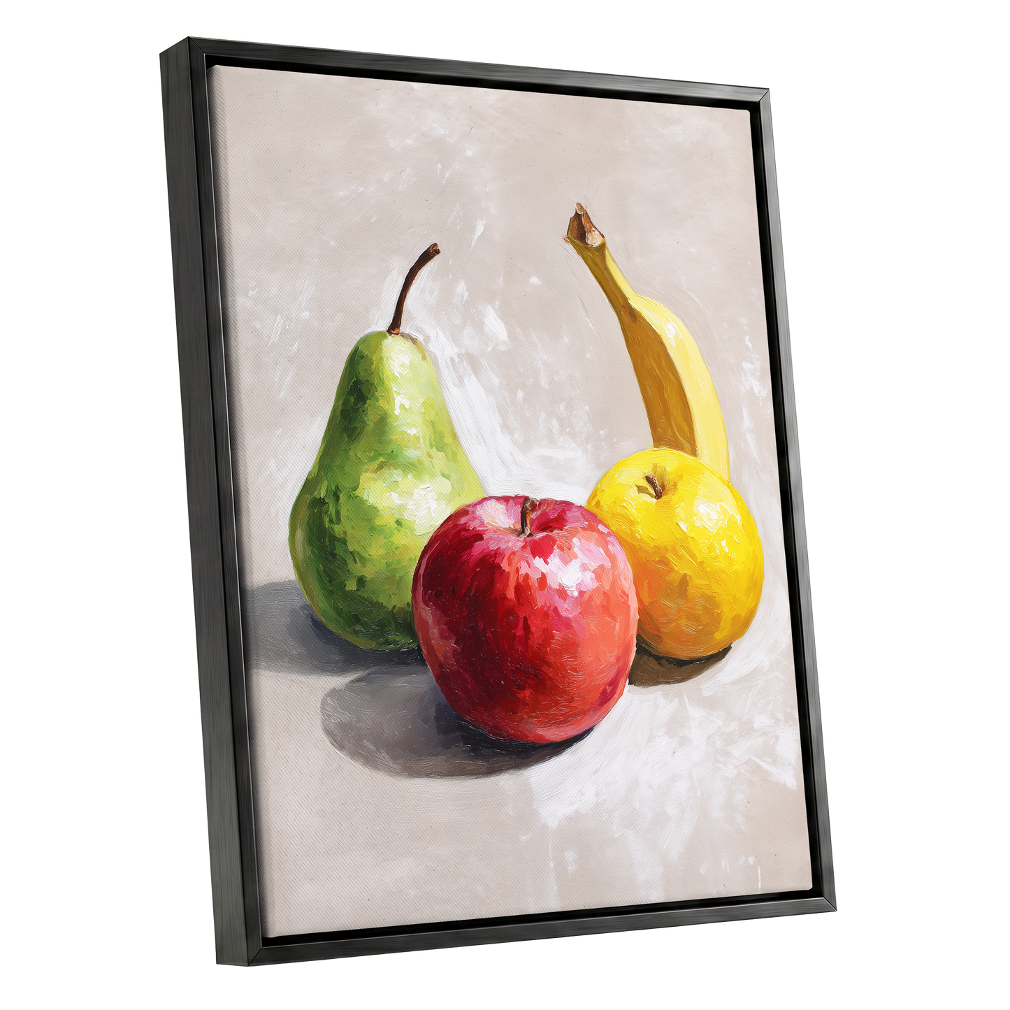 Orchard Quartet, beige, green, red nature wall art shown as a black framed canvas wall art