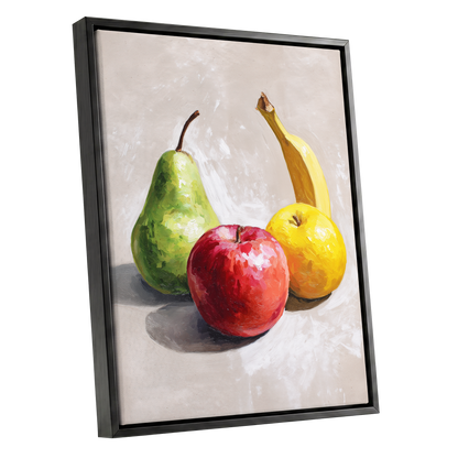 Orchard Quartet, beige, green, red nature wall art shown as a black framed canvas wall art
