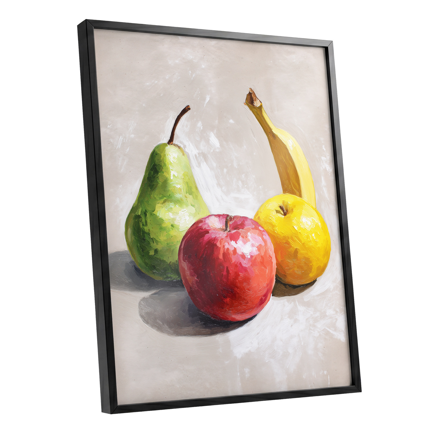 Orchard Quartet, beige, green, red nature wall art shown as a black framed poster wall art print