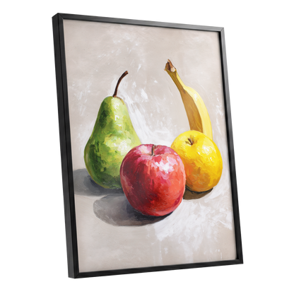 Orchard Quartet, beige, green, red nature wall art shown as a black framed poster wall art print