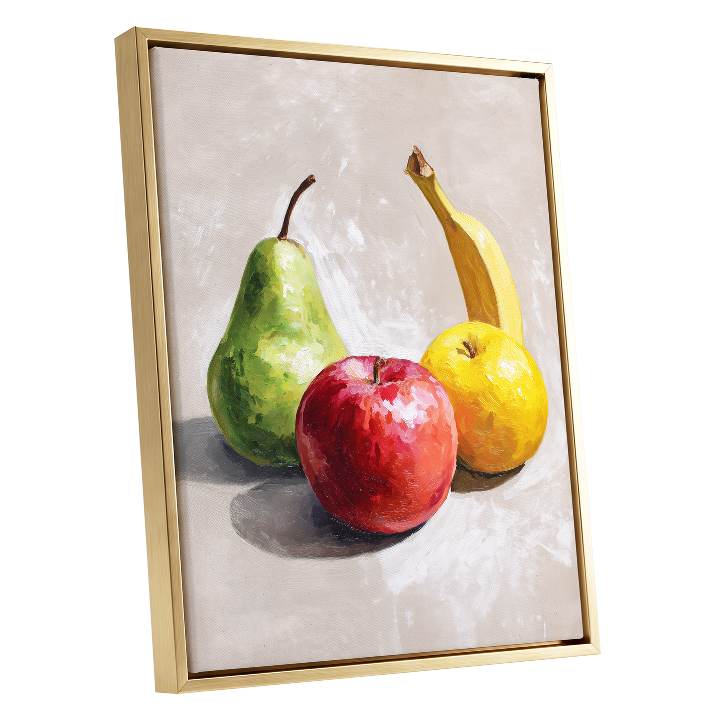 Orchard Quartet, beige, green, red nature wall art shown as a gold framed canvas wall art
