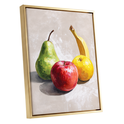 Orchard Quartet, beige, green, red nature wall art shown as a gold framed canvas wall art
