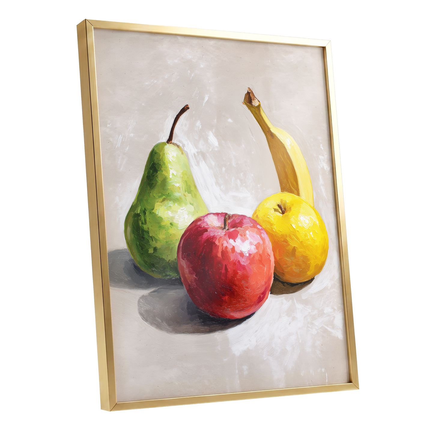 Orchard Quartet, beige, green, red nature wall art shown as a gold framed poster wall art print