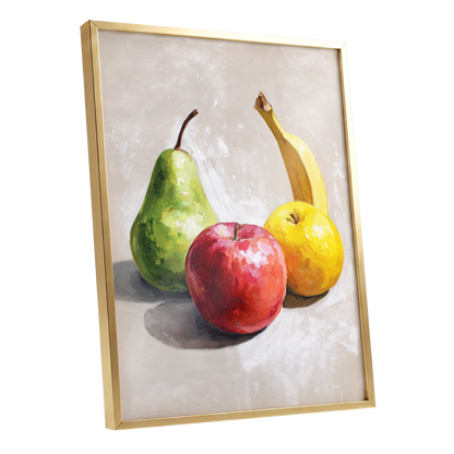 Orchard Quartet, beige, green, red nature wall art shown as a gold framed poster wall art print