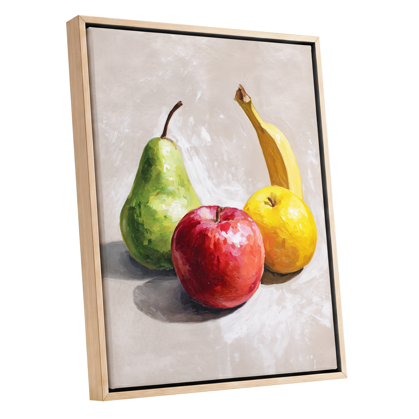 Orchard Quartet, beige, green, red nature wall art shown as a oak framed canvas wall art