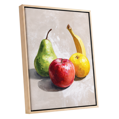 Orchard Quartet, beige, green, red nature wall art shown as a oak framed canvas wall art