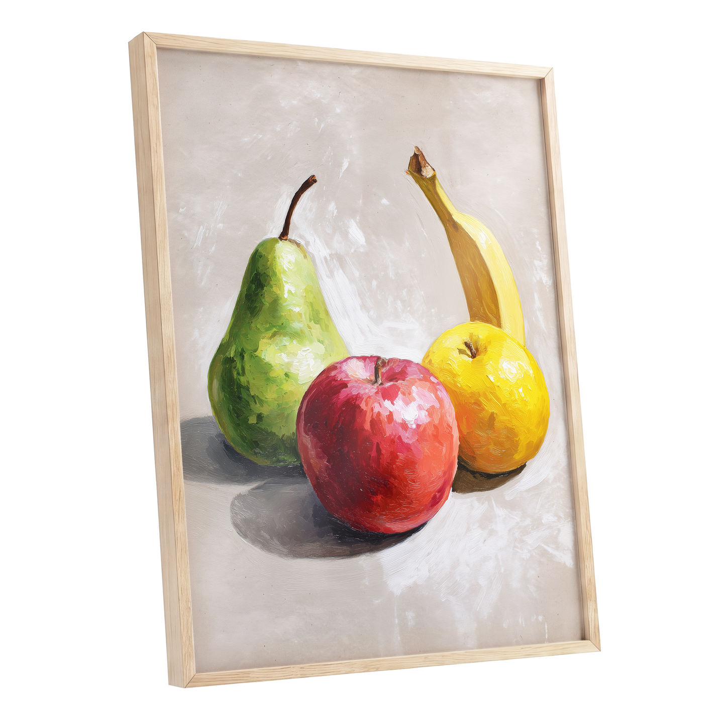 Orchard Quartet, beige, green, red nature wall art shown as a oak framed poster wall art print