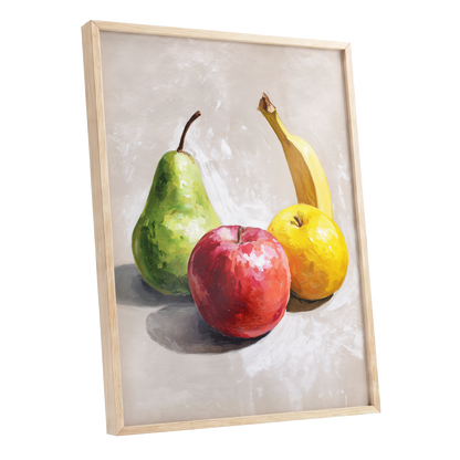 Orchard Quartet, beige, green, red nature wall art shown as a oak framed poster wall art print