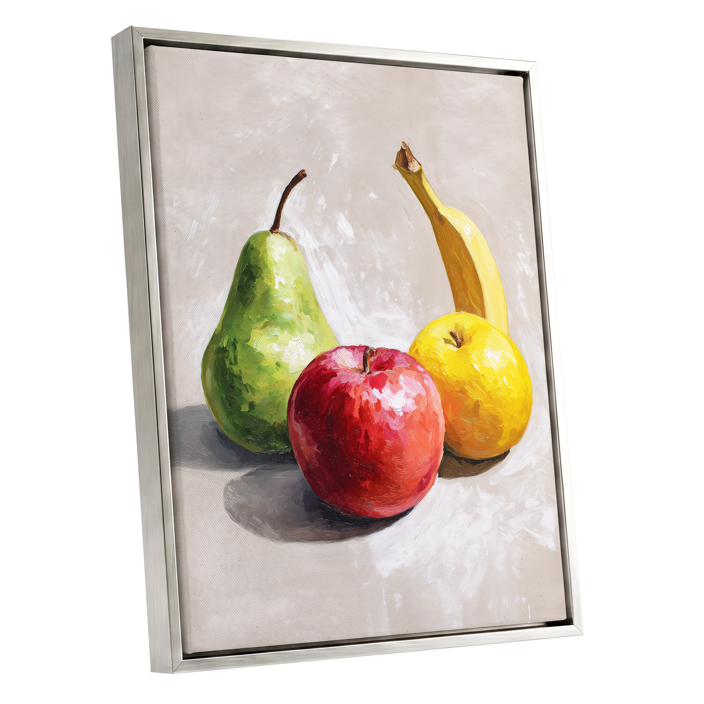 Orchard Quartet, beige, green, red nature wall art shown as a silver framed canvas wall art