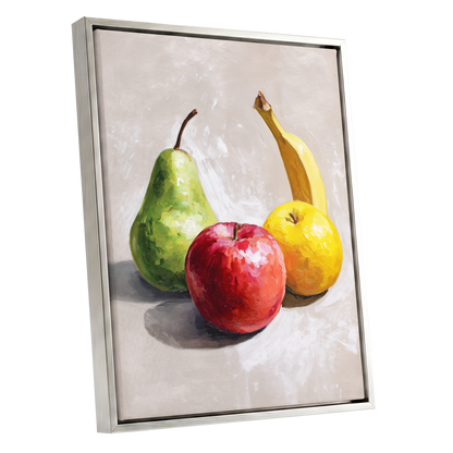 Orchard Quartet, beige, green, red nature wall art shown as a silver framed canvas wall art