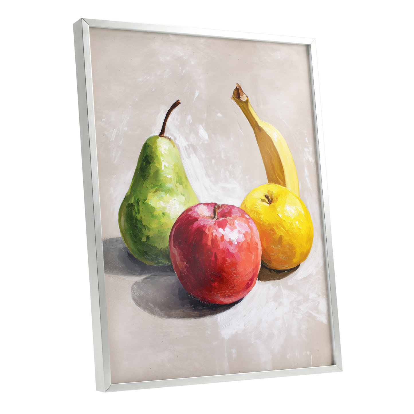 Orchard Quartet, beige, green, red nature wall art shown as a silver framed poster wall art print