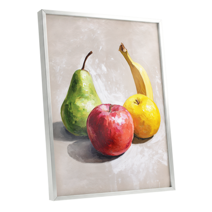 Orchard Quartet, beige, green, red nature wall art shown as a silver framed poster wall art print