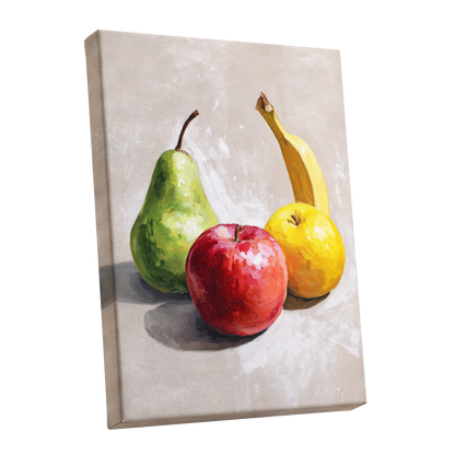 Orchard Quartet, beige, green, red nature wall art shown as a stretched canvas wall art