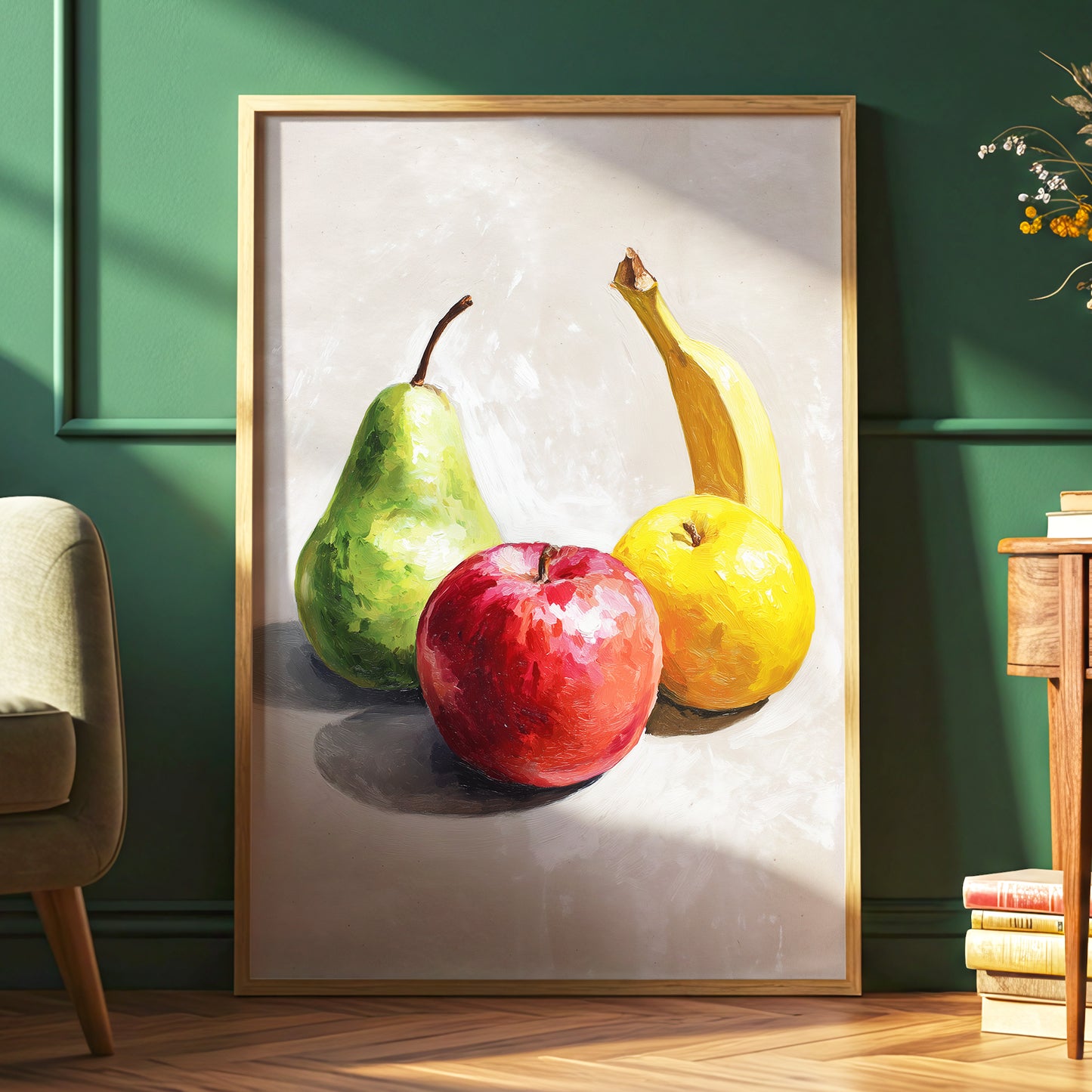 Orchard Quartet, beige, green, red nature wall art displayed in a styled interior, gallery view 2