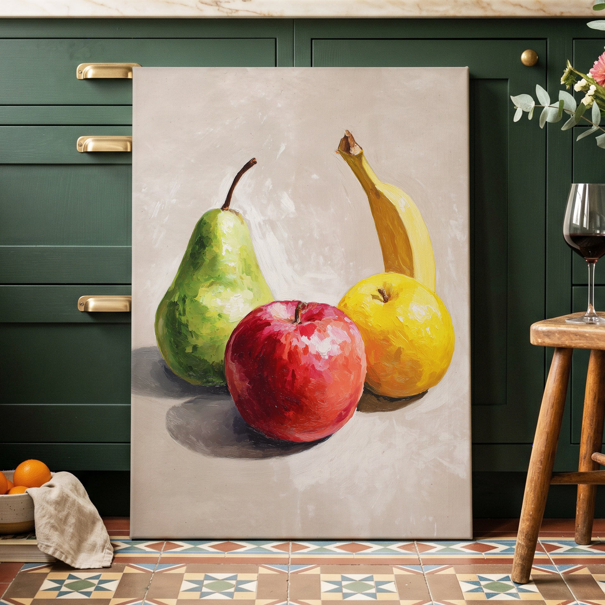 Orchard Quartet, beige, green, red nature wall art displayed in a styled interior, gallery view 3