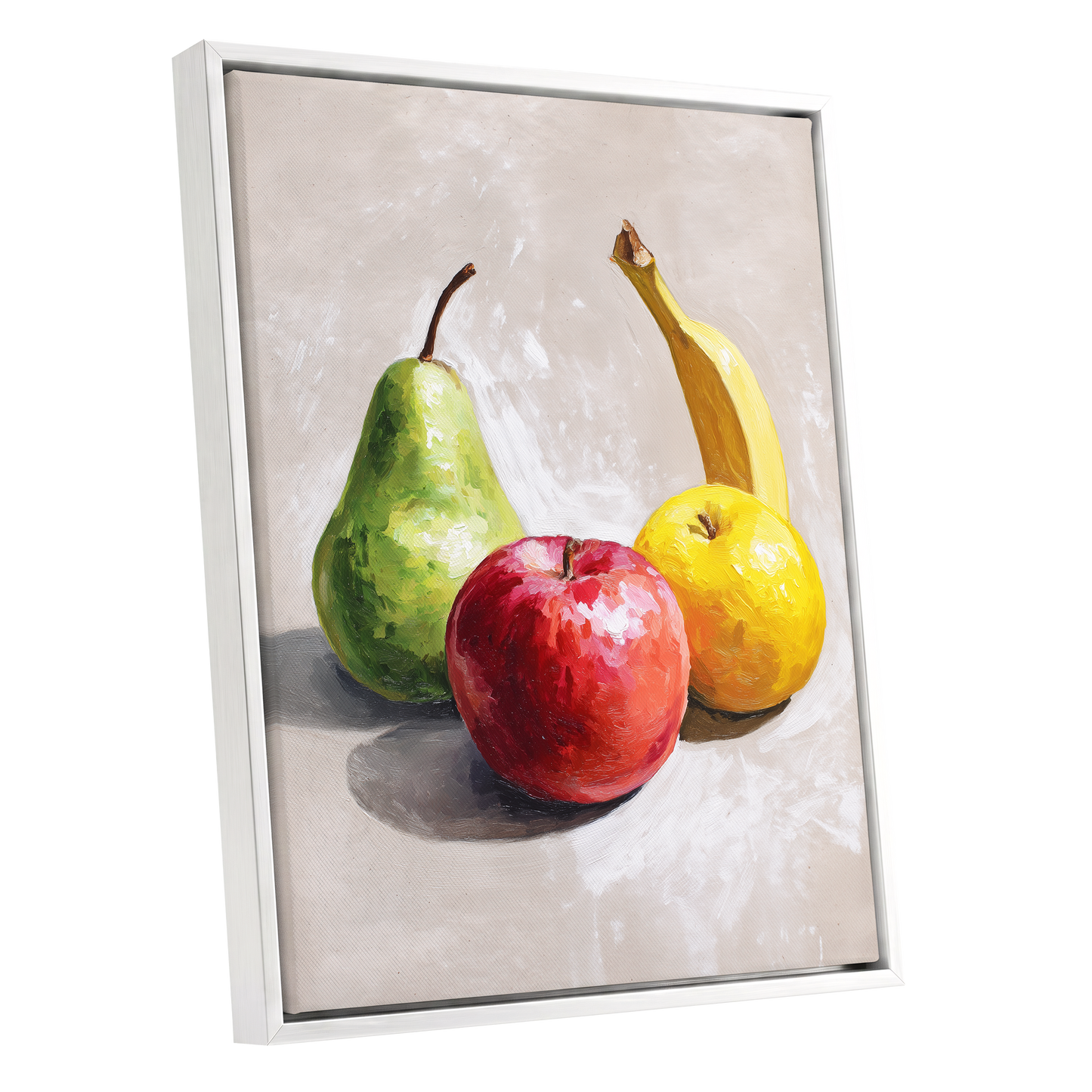 Orchard Quartet, beige, green, red nature wall art shown as a white framed canvas wall art