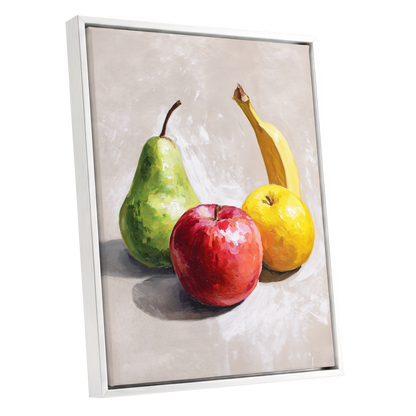 Orchard Quartet, beige, green, red nature wall art shown as a white framed canvas wall art
