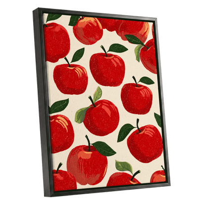 Orchard Rhythm, red, green, beige nature wall art shown as a black framed canvas wall art