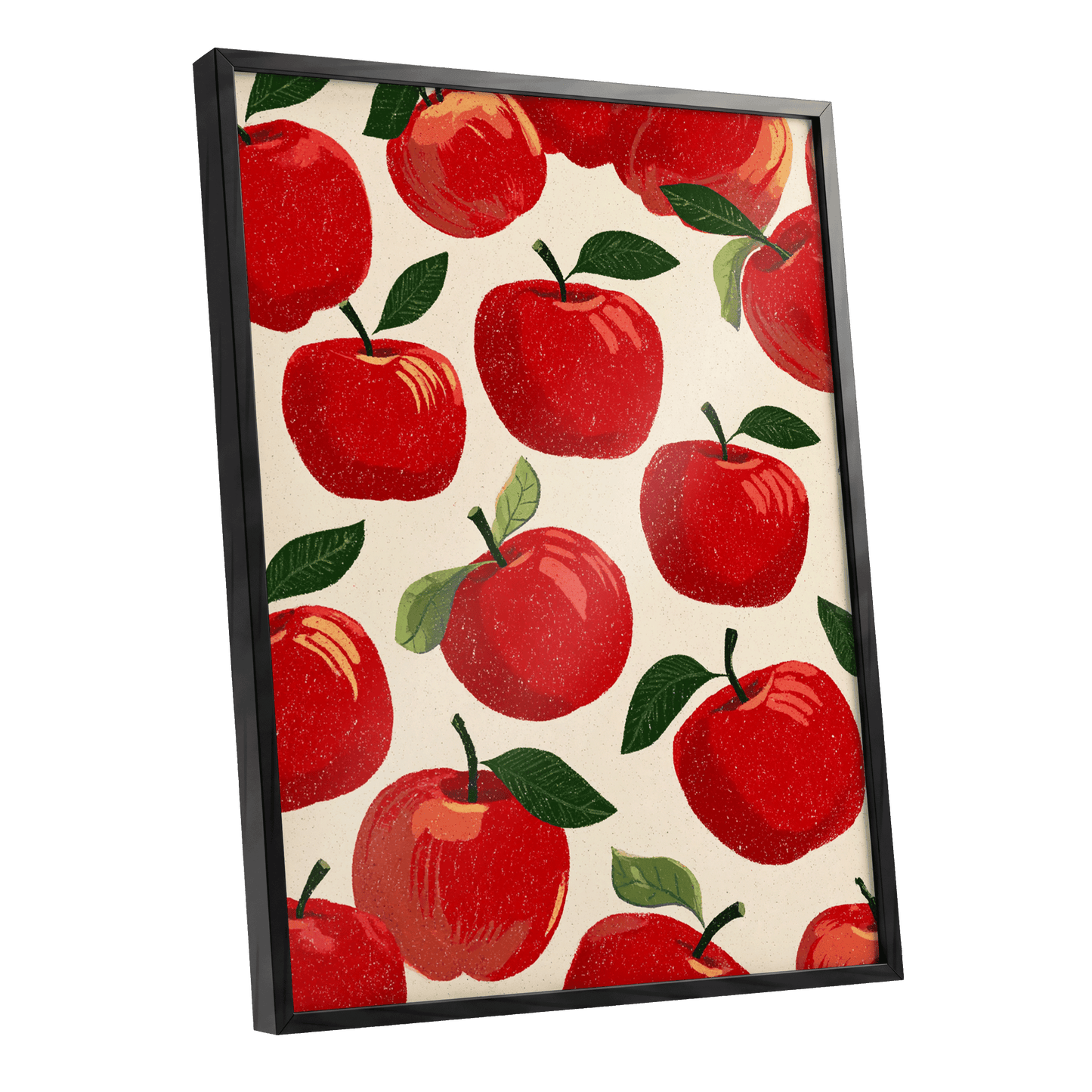 Orchard Rhythm, red, green, beige nature wall art shown as a black framed poster wall art print