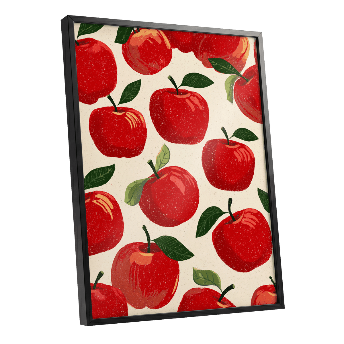 Orchard Rhythm, red, green, beige nature wall art shown as a black framed poster wall art print