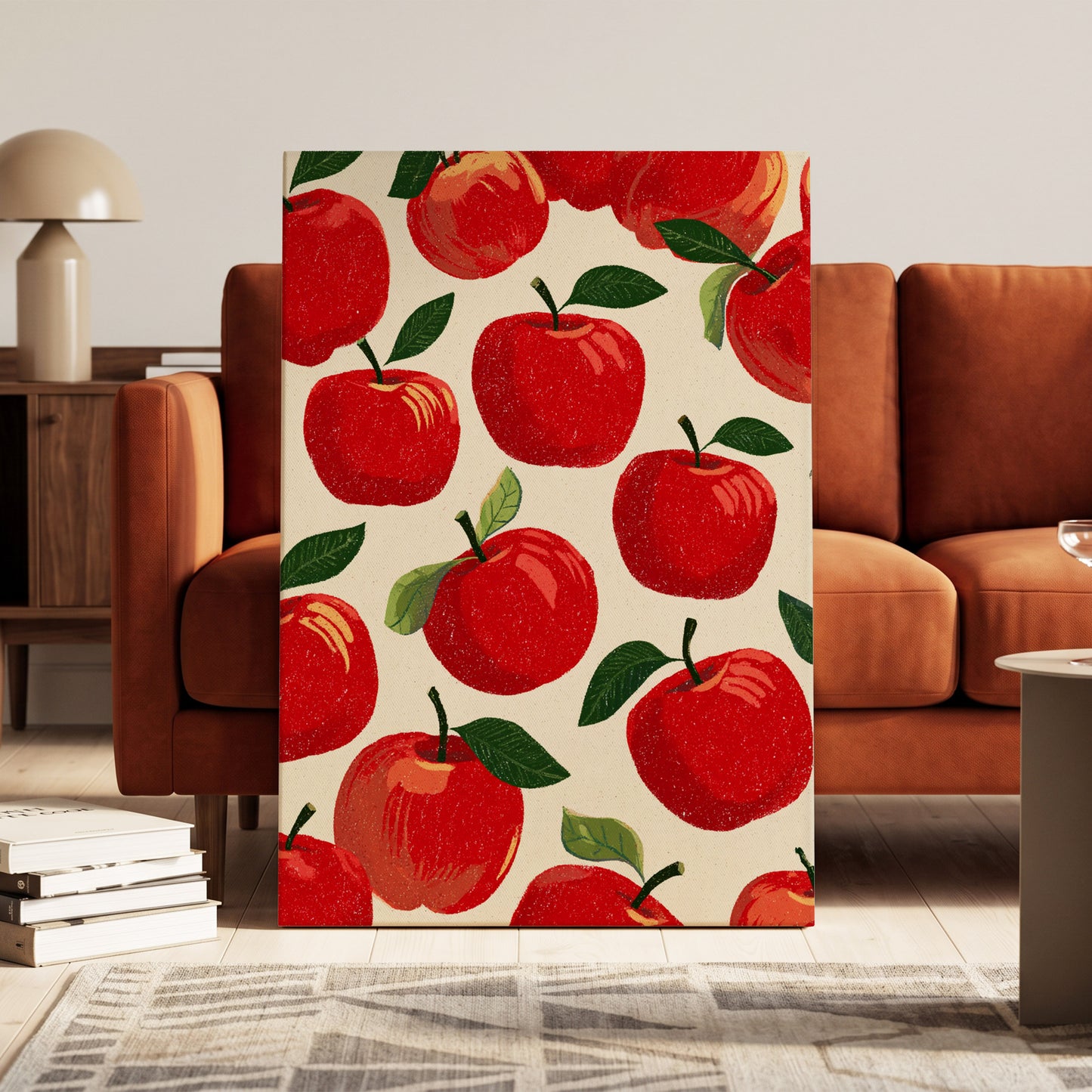 Orchard Rhythm, red, green, beige nature wall art on canvas displayed in a styled interior, gallery view 1