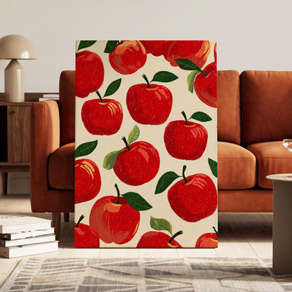 Orchard Rhythm, red, green, beige nature wall art on canvas displayed in a styled interior, gallery view 1
