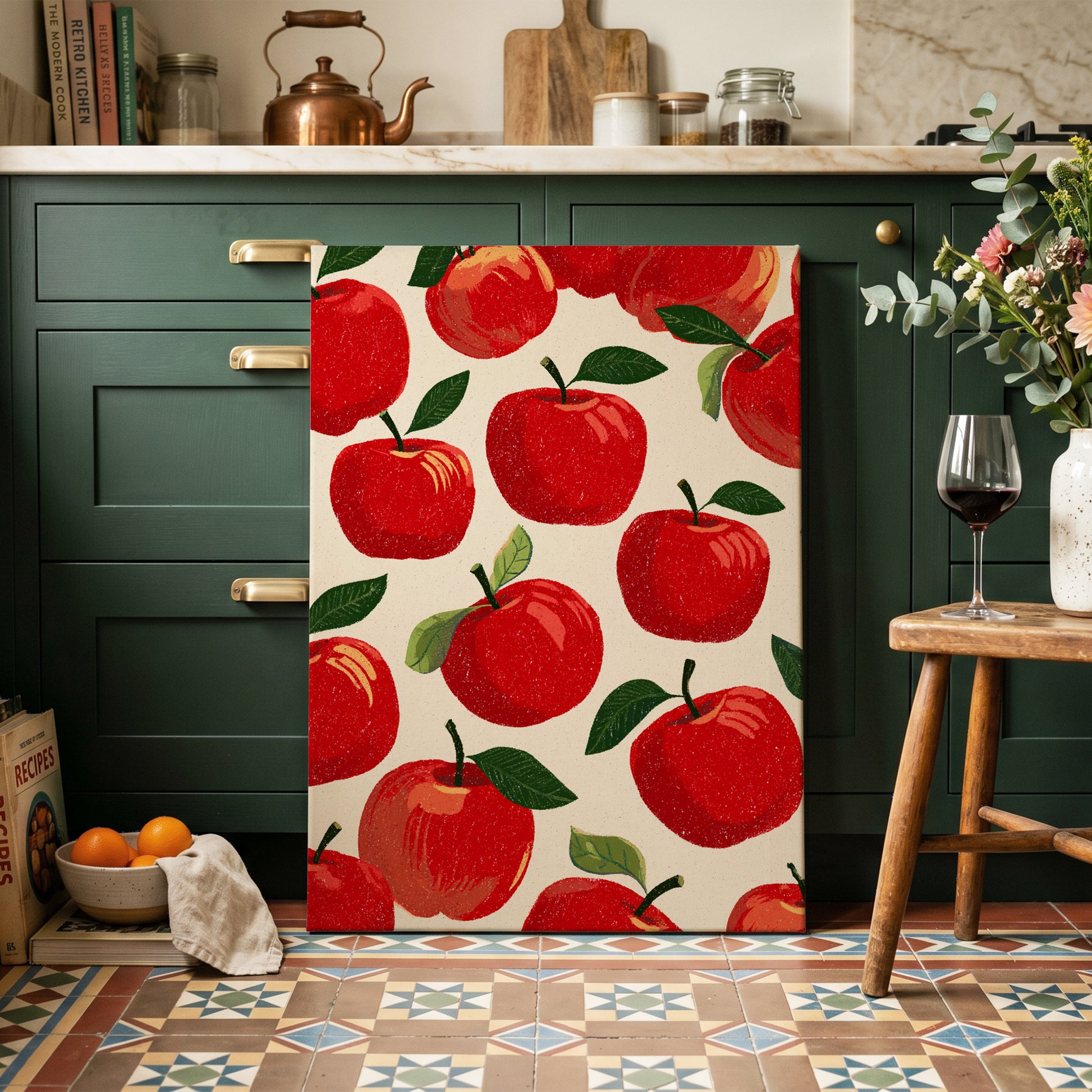 Orchard Rhythm, red, green, beige nature wall art on canvas displayed in a styled interior, gallery view 2