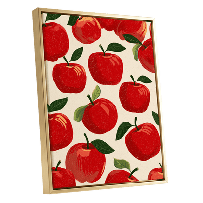 Orchard Rhythm, red, green, beige nature wall art shown as a gold framed canvas wall art
