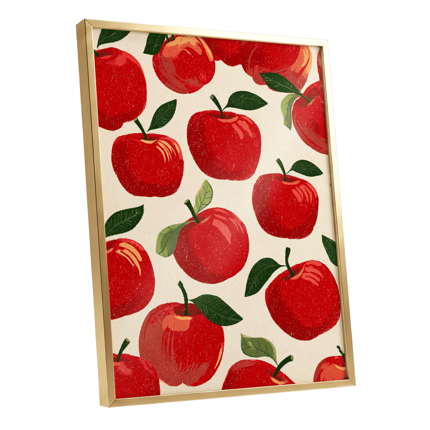 Orchard Rhythm, red, green, beige nature wall art shown as a gold framed poster wall art print