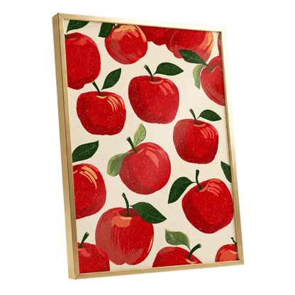 Orchard Rhythm, red, green, beige nature wall art shown as a gold framed poster wall art print