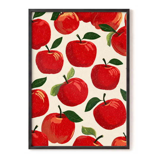 Orchard Rhythm, red, green, beige nature wall art, front artwork view
