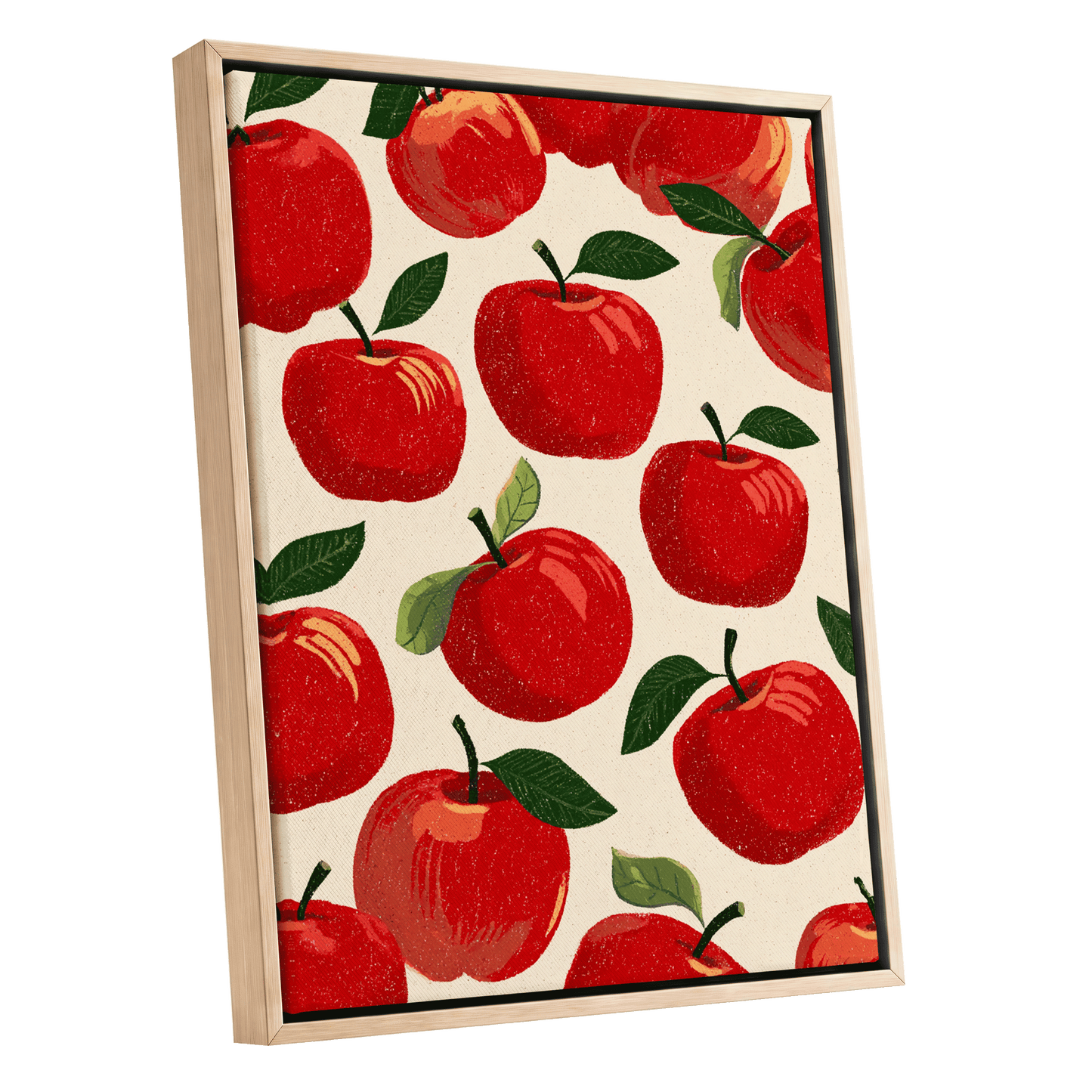 Orchard Rhythm, red, green, beige nature wall art shown as a oak framed canvas wall art