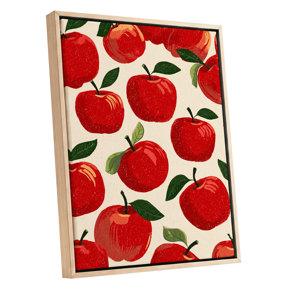 Orchard Rhythm, red, green, beige nature wall art shown as a oak framed canvas wall art
