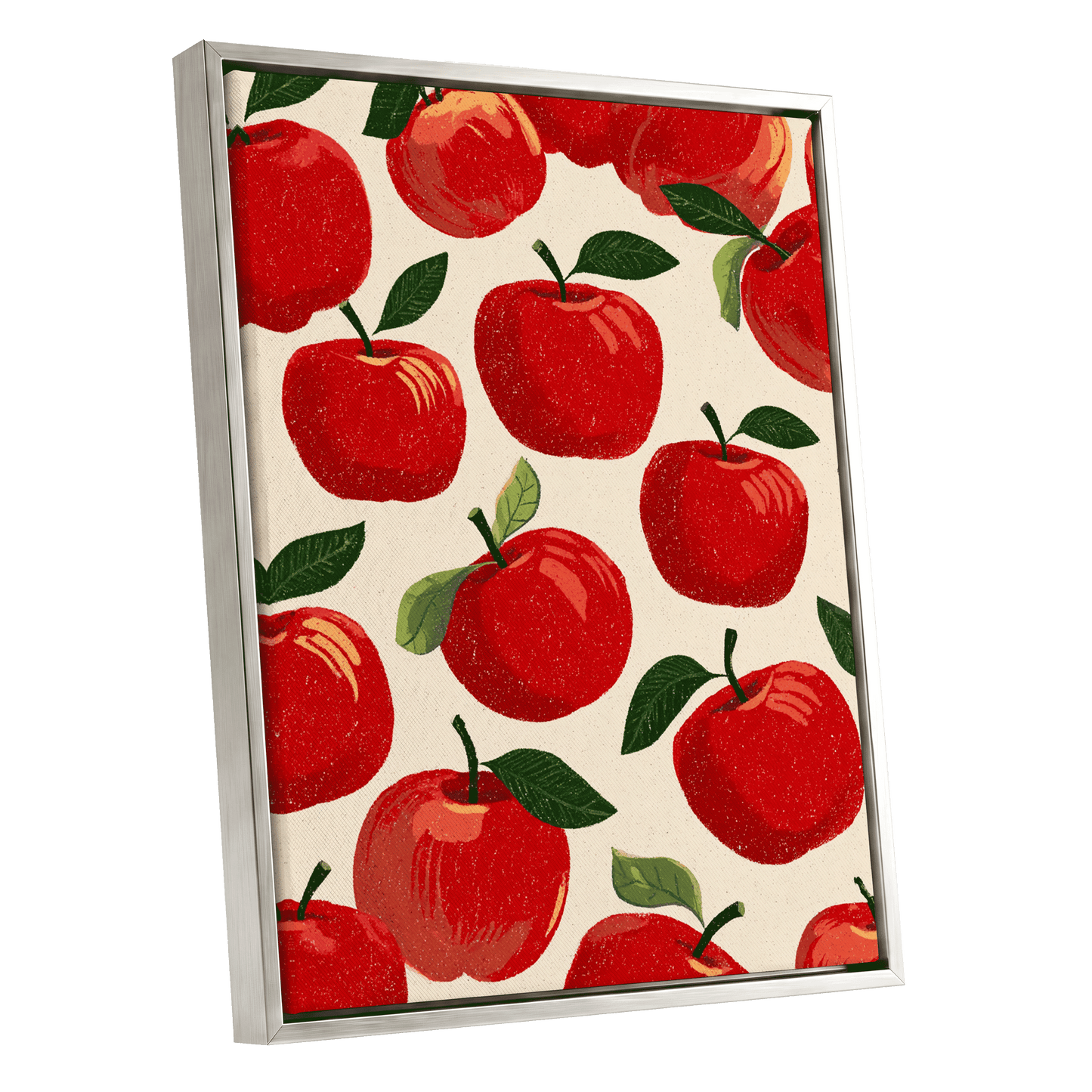 Orchard Rhythm, red, green, beige nature wall art shown as a silver framed canvas wall art