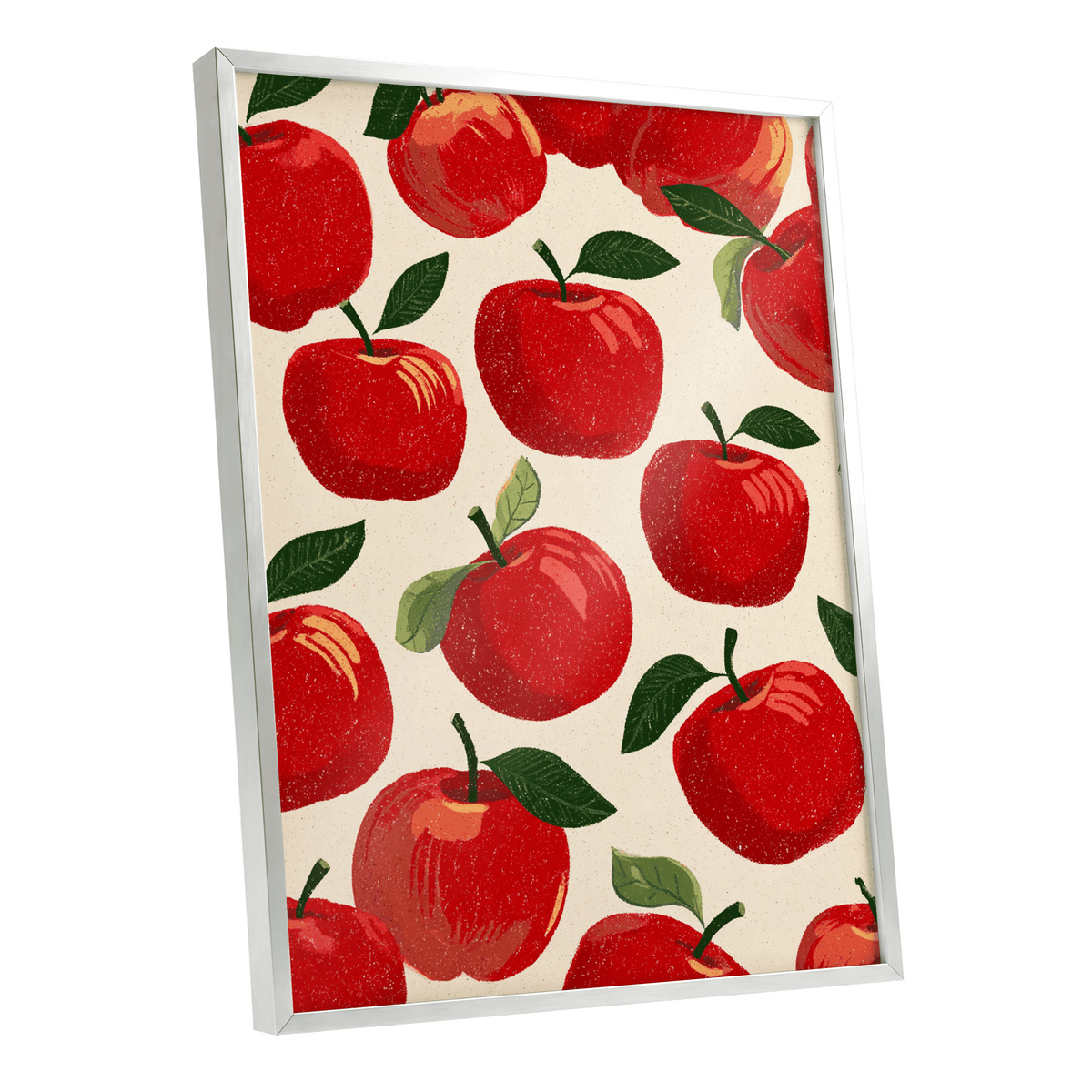 Orchard Rhythm, red, green, beige nature wall art shown as a silver framed poster wall art print