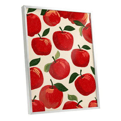 Orchard Rhythm, red, green, beige nature wall art shown as a silver framed poster wall art print
