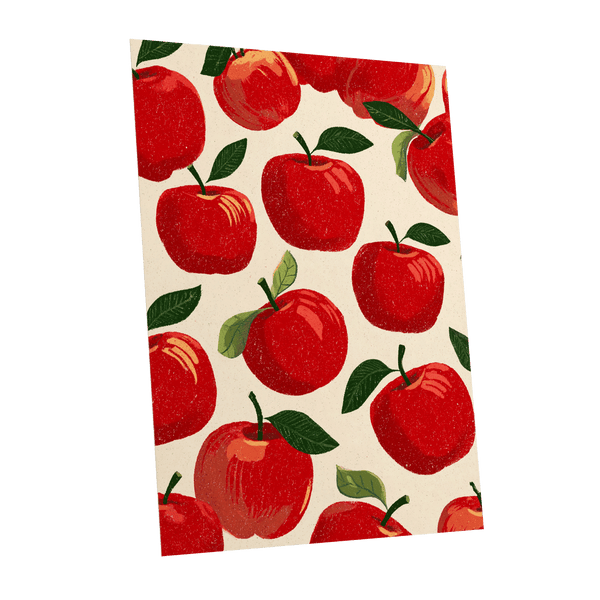 Orchard Rhythm, red, green, beige nature wall art shown as a unframed poster wall art print