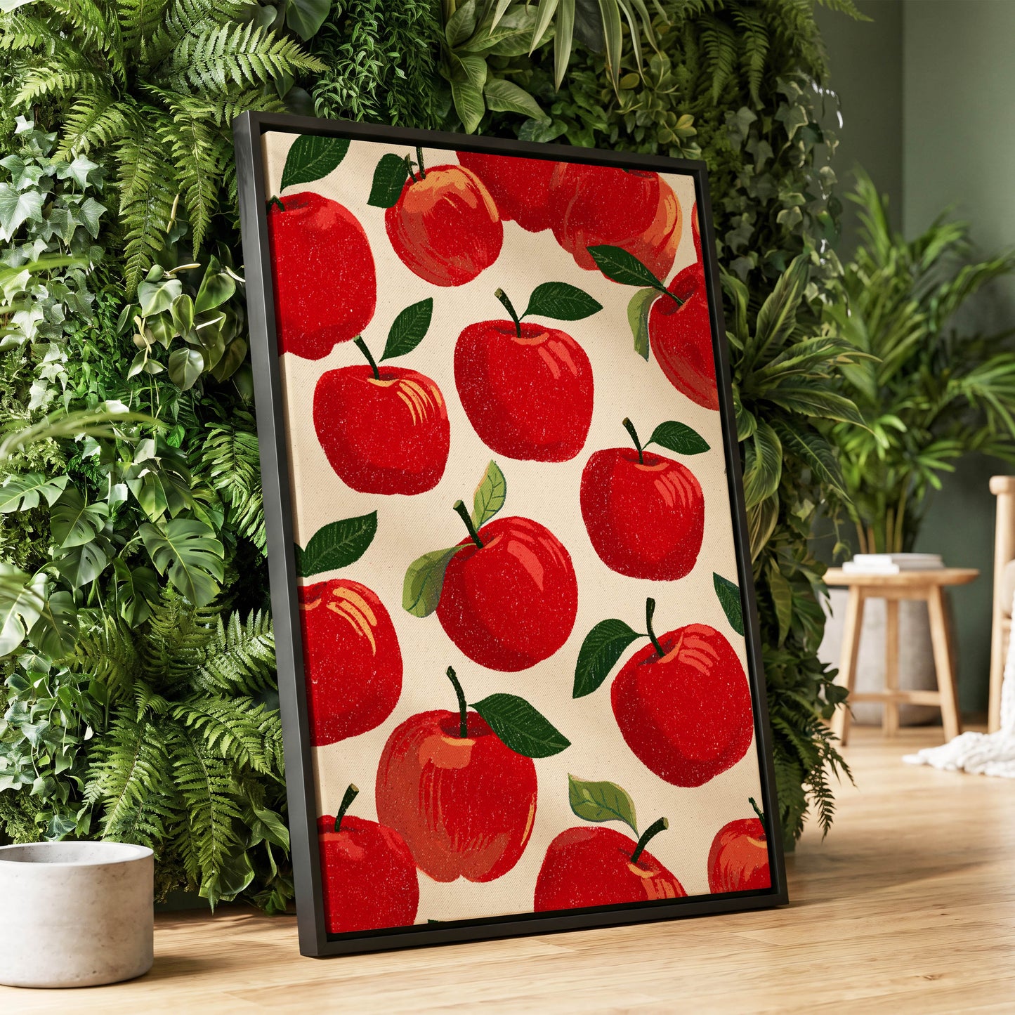 Orchard Rhythm, red, green, beige nature wall art displayed in a styled interior, gallery view 1