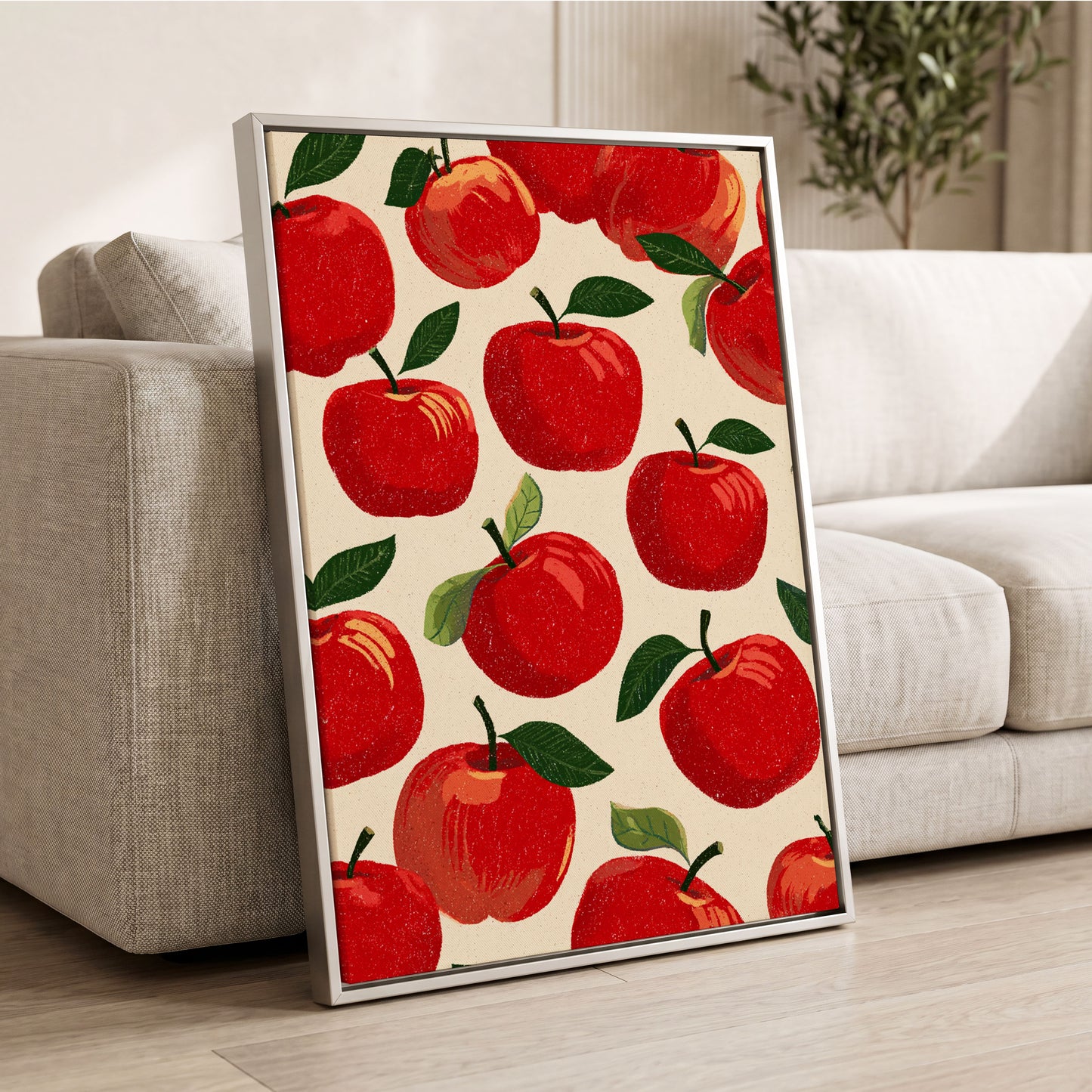 Orchard Rhythm, red, green, beige nature wall art displayed in a styled interior, gallery view 2