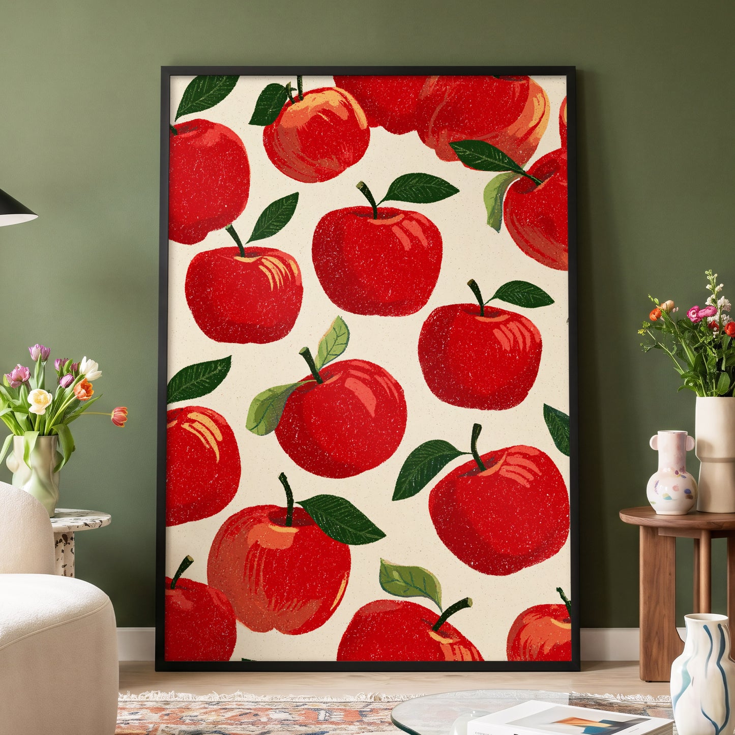 Orchard Rhythm, red, green, beige nature wall art displayed in a styled interior, gallery view 4