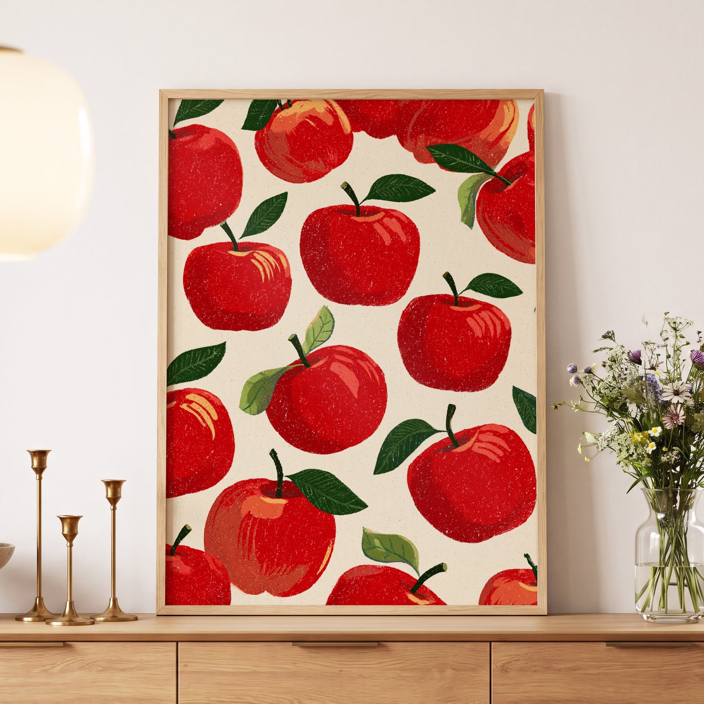 Orchard Rhythm, red, green, beige nature wall art displayed in a styled interior, gallery view 5