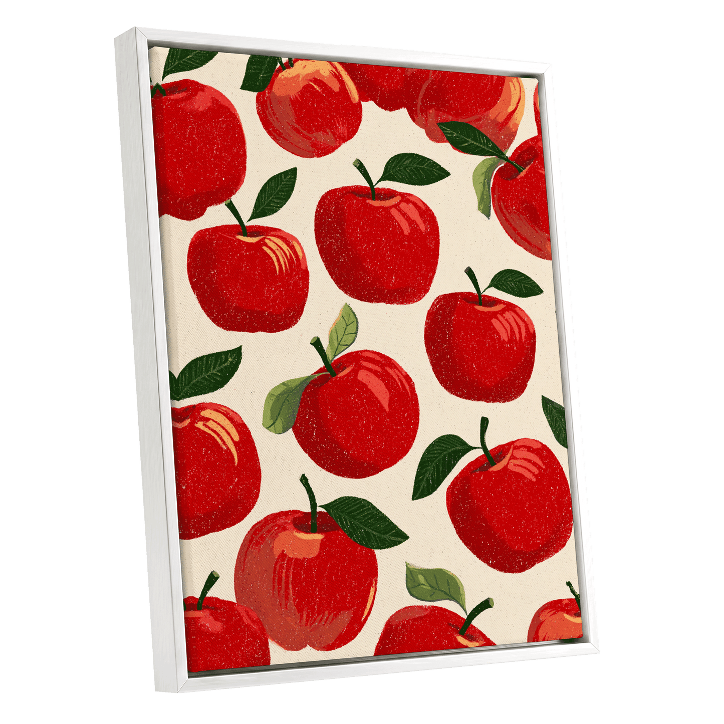 Orchard Rhythm, red, green, beige nature wall art shown as a white framed canvas wall art