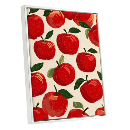 Orchard Rhythm, red, green, beige nature wall art shown as a white framed canvas wall art