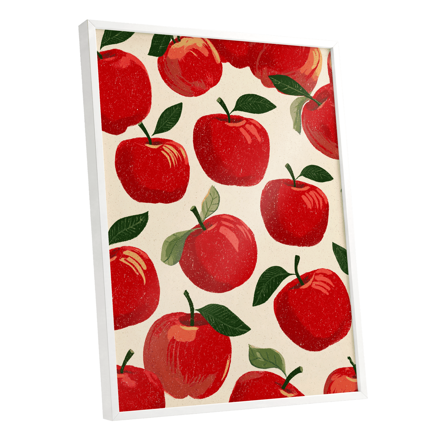 Orchard Rhythm, red, green, beige nature wall art shown as a white framed poster wall art print