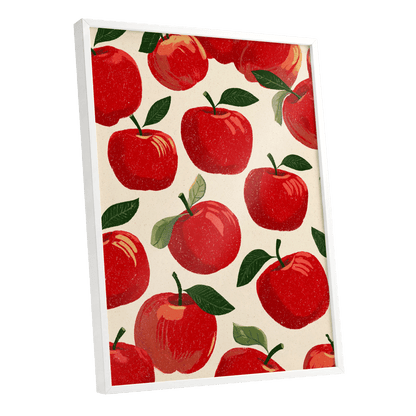 Orchard Rhythm, red, green, beige nature wall art shown as a white framed poster wall art print